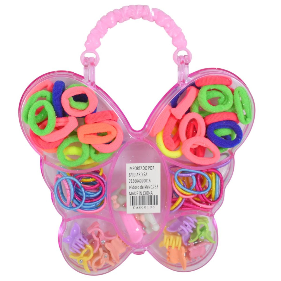 Accesorios de pelo en estuche plástico mariposa 17x14cm.