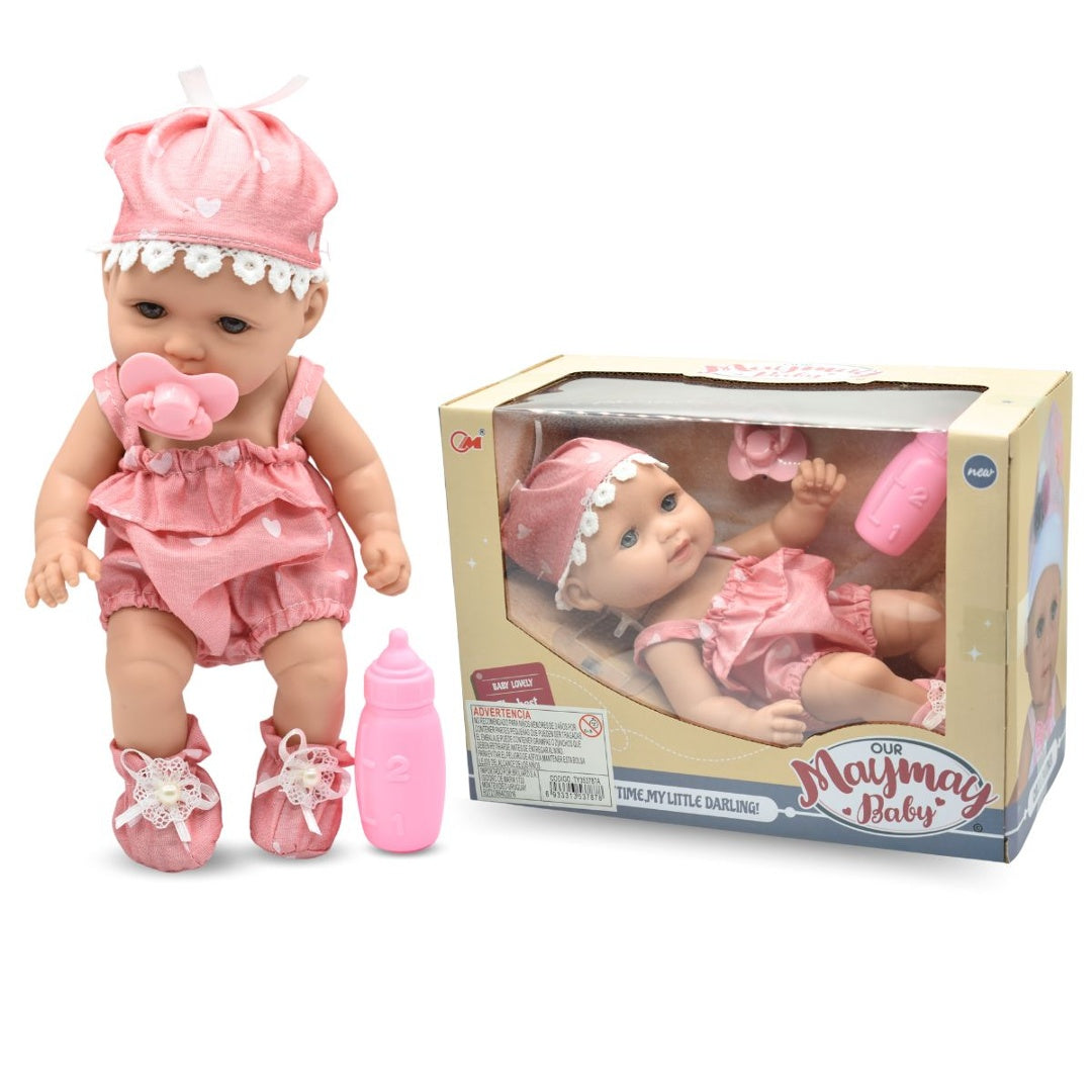 Muñeco bebé de goma con accesorios 25cm rosado