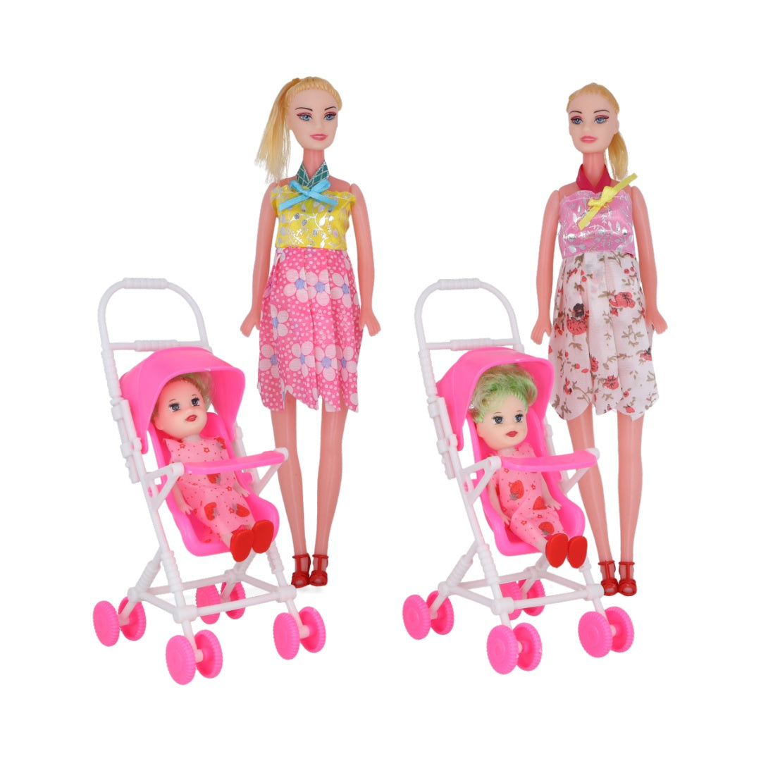 Muñeca con bebé y coche 28cm