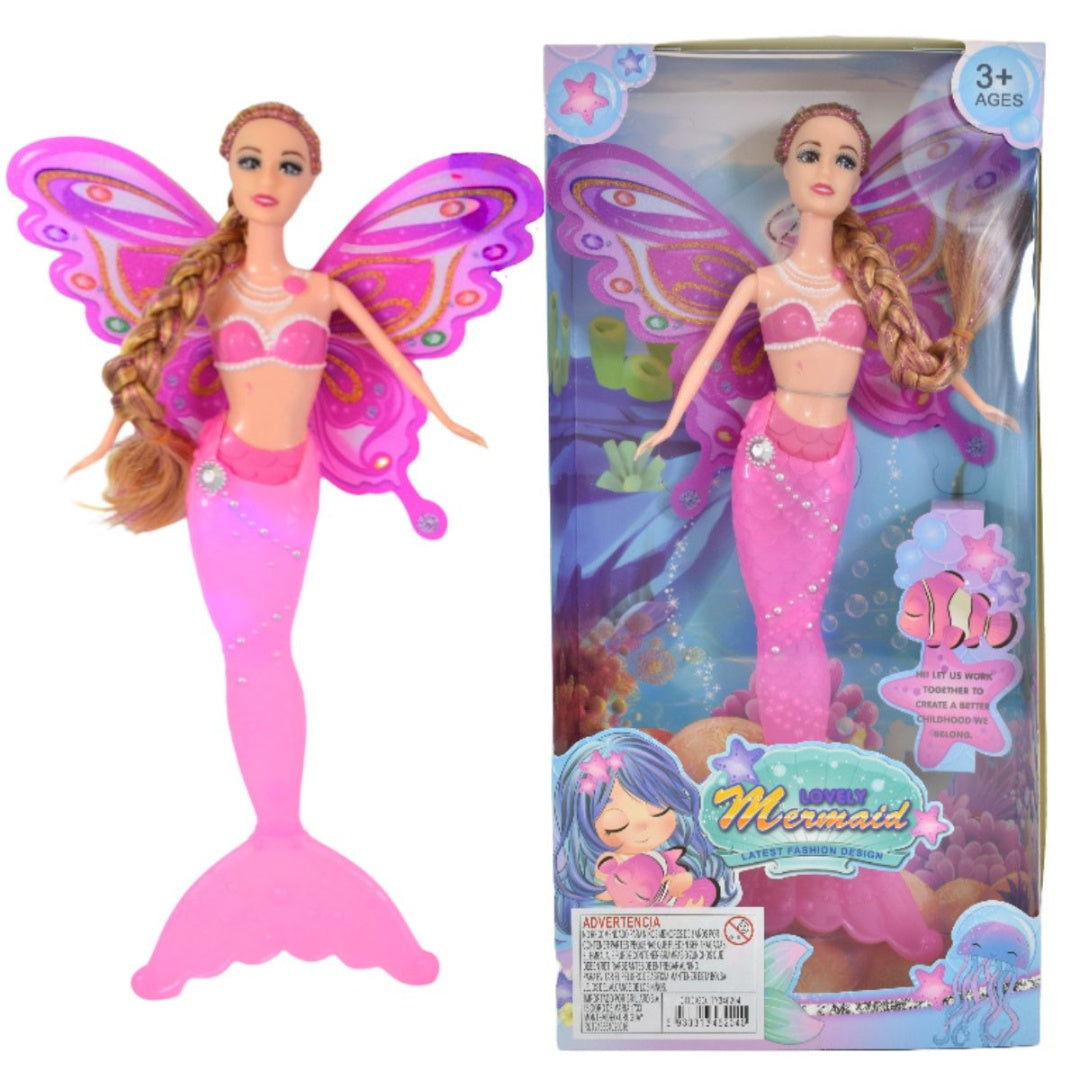 Muñeca sirena rosada con luz 32cm