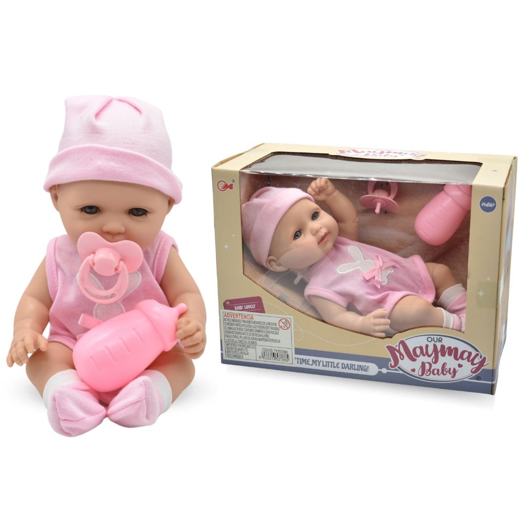 Muñeco bebé de goma con accesorios 25cm rosado