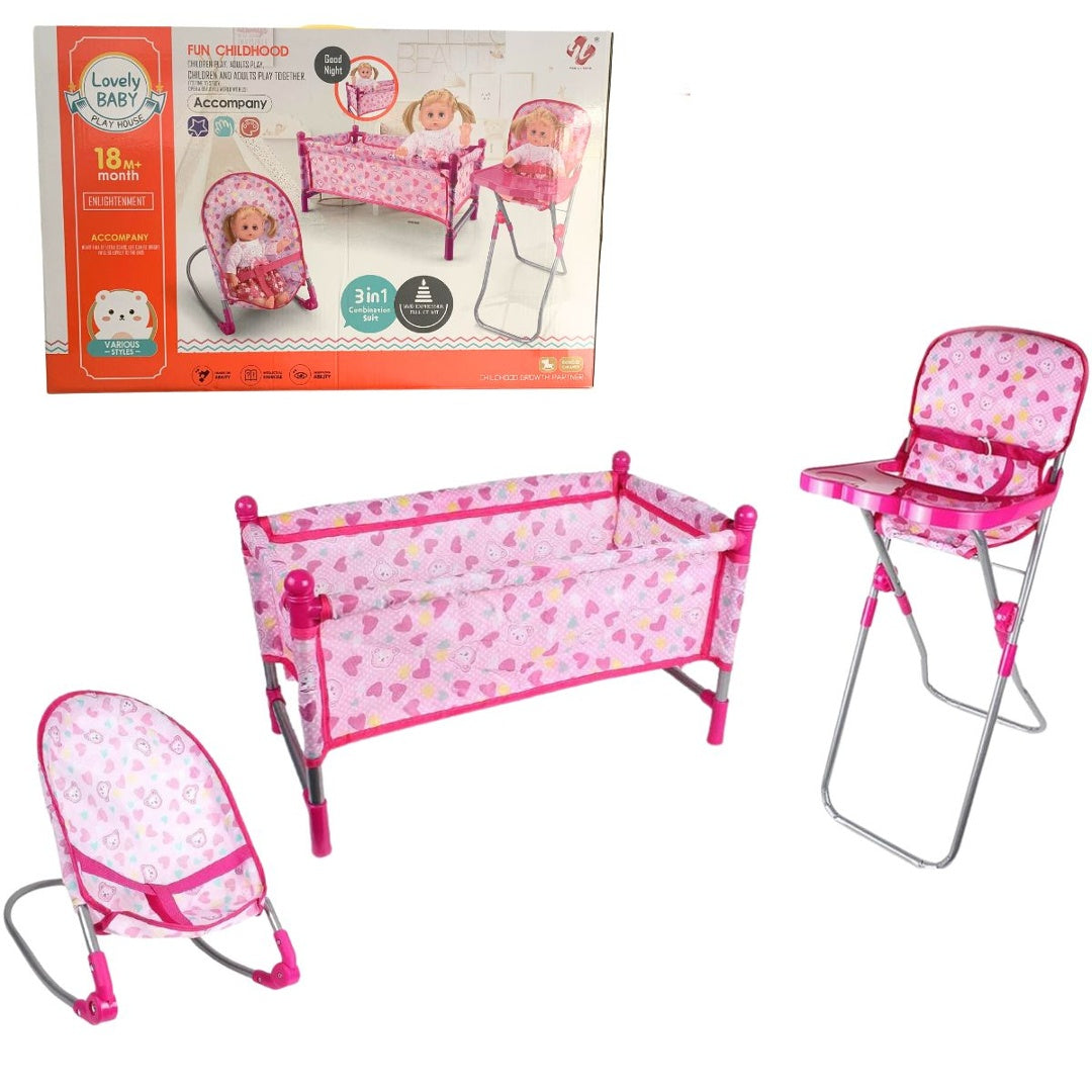 Set de sillas y cuna 3 en 1 para muñecas rosa