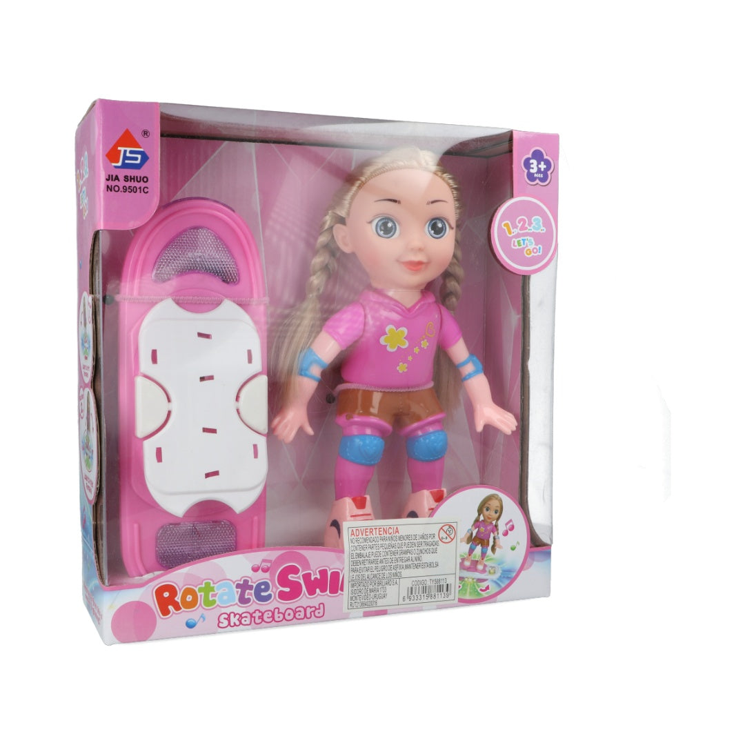 Muñeca con patineta, luz y sonido 29 x 23 cm